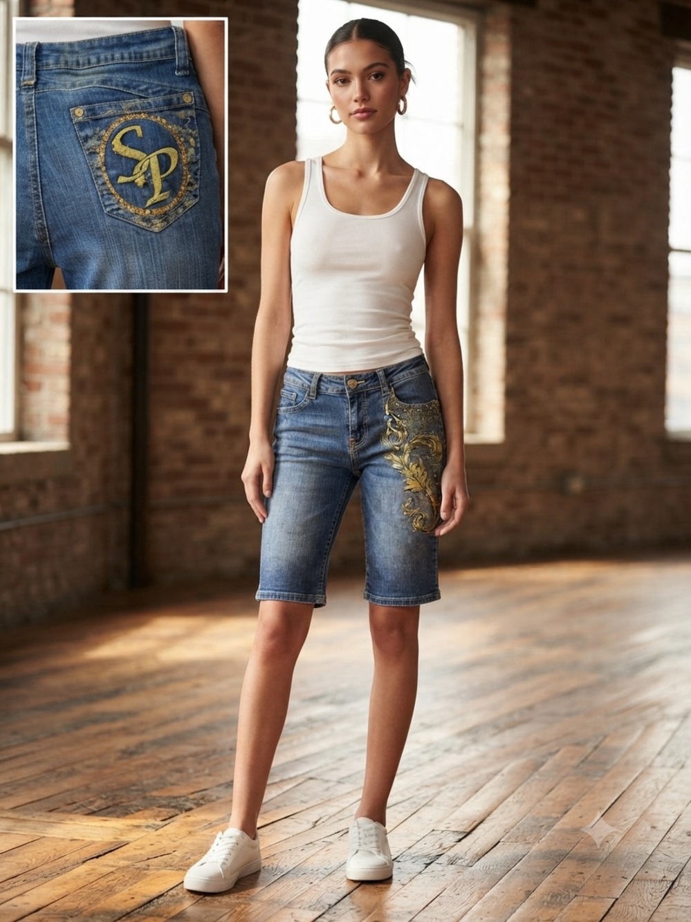 Rare Y2K South Pole Gold Baroque & Rhinestone Denim Shorts Sz 7